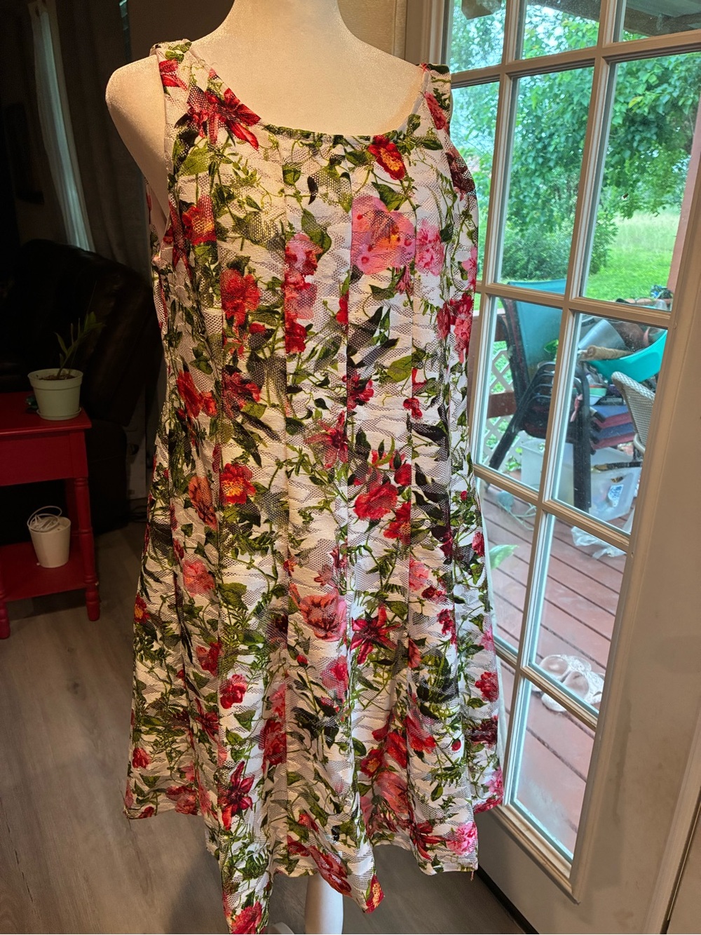 Perceptions White Floral A-Line Sundress with Red & Green Print